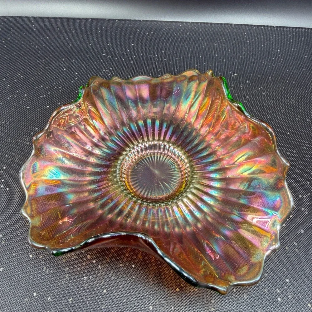 Vintage Carnival Glass Bowl Tri Corner Ruffled‎ Fluted Marigold Iridescent Green
